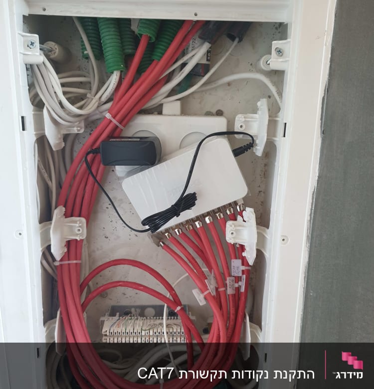 ארון תקשורת עם כבלים אדומים ולבנים מחוברים למפצל